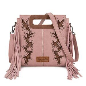 WG193-2003 Wrangler Top Handle Boot Scroll Fringe Tote/Crossbody -PINK/BLACK